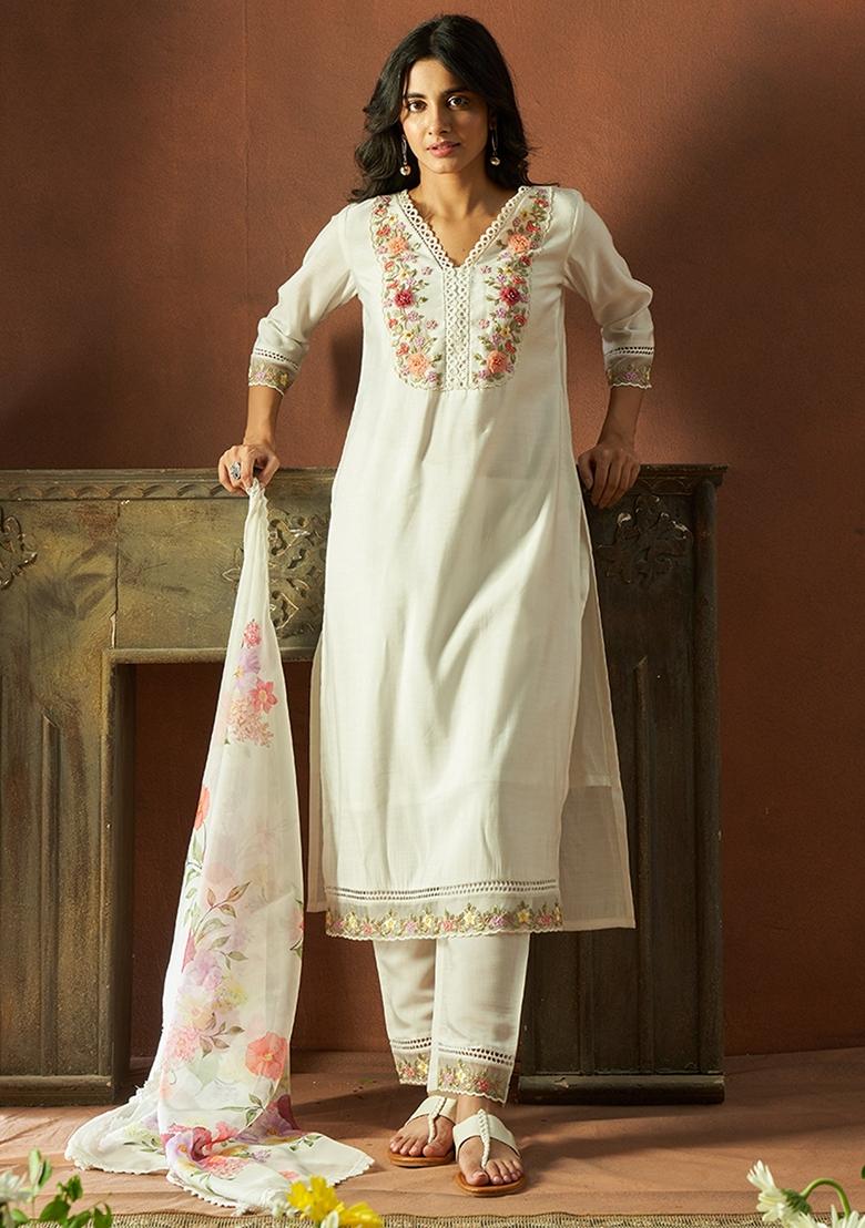 White Embroidered Silk Blend Salwar Kameez With Dupatta