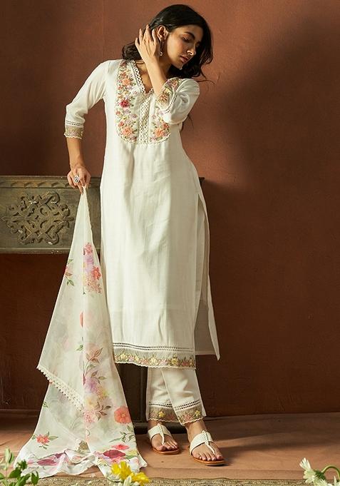 White Embroidered Silk Blend Salwar Kameez With Dupatta