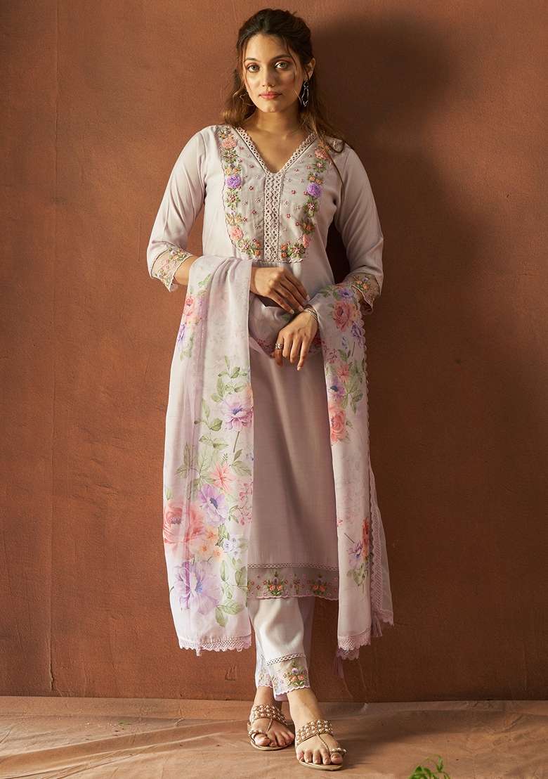 Grey Embroidered Blended Straight Kurta Set - Indya