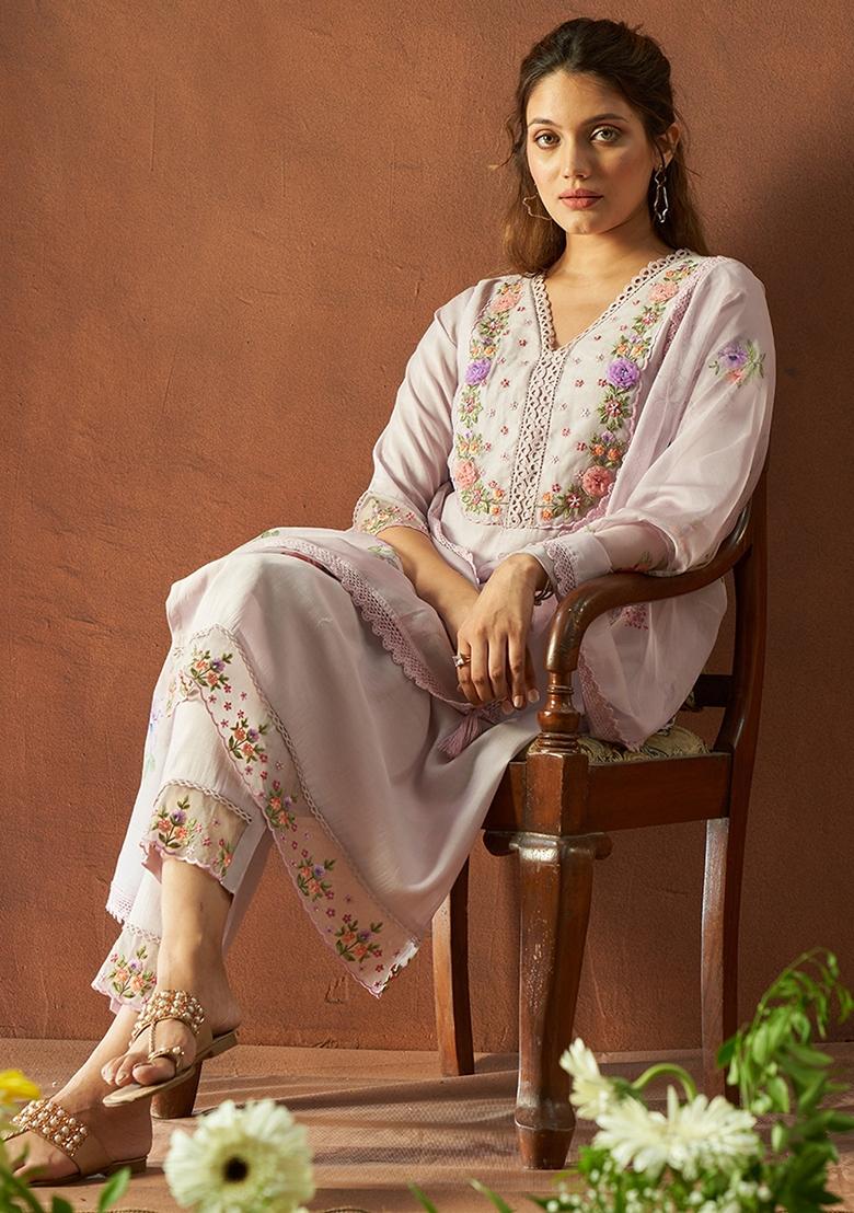 Grey Embroidered Silk Blend Salwar Kameez With Dupatta