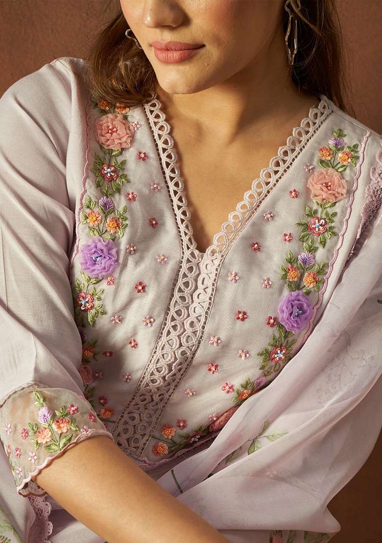 Grey Embroidered Blended Straight Kurta Set - Indya