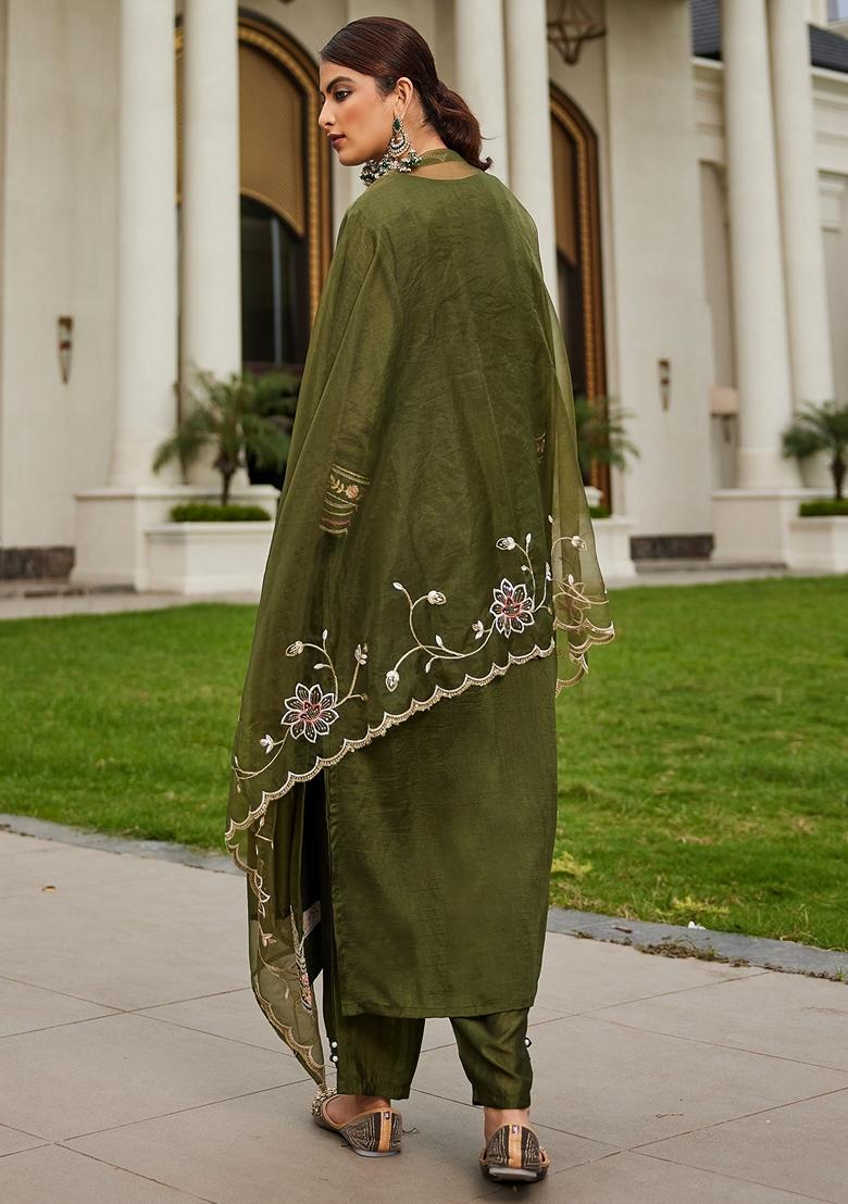Green Embroidered Silk Blend Salwar Kameez With Dupatta