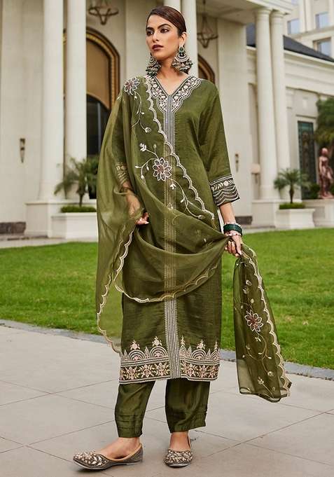 Green Embroidered Silk Pakistani Suit Set