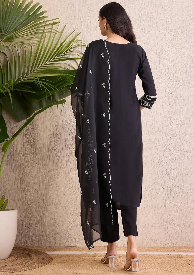 Black Embroidered Silk Blend Salwar Kameez With Dupatta