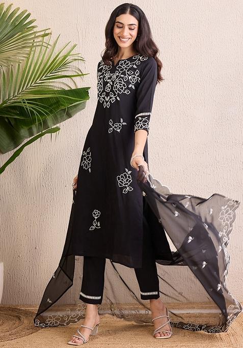 Black Embroidered Silk Blend Salwar Kameez With Dupatta