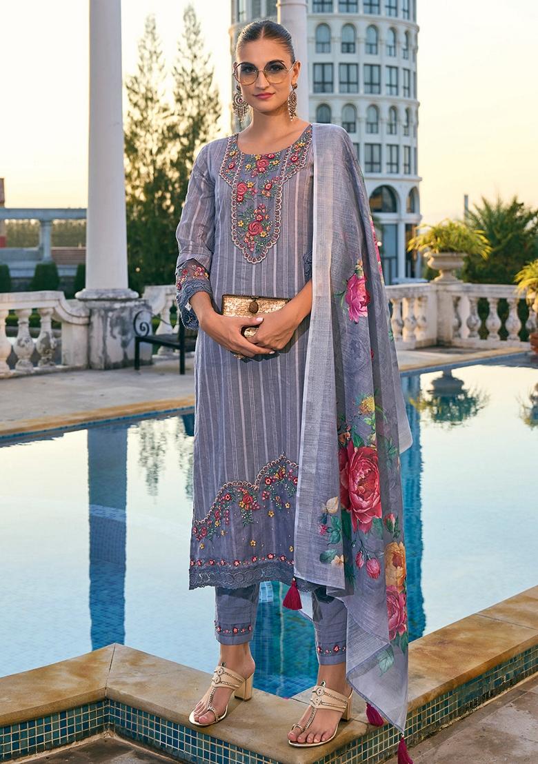 Grey Embroidered Pure Cotton Salwar Kameez With Dupatta
