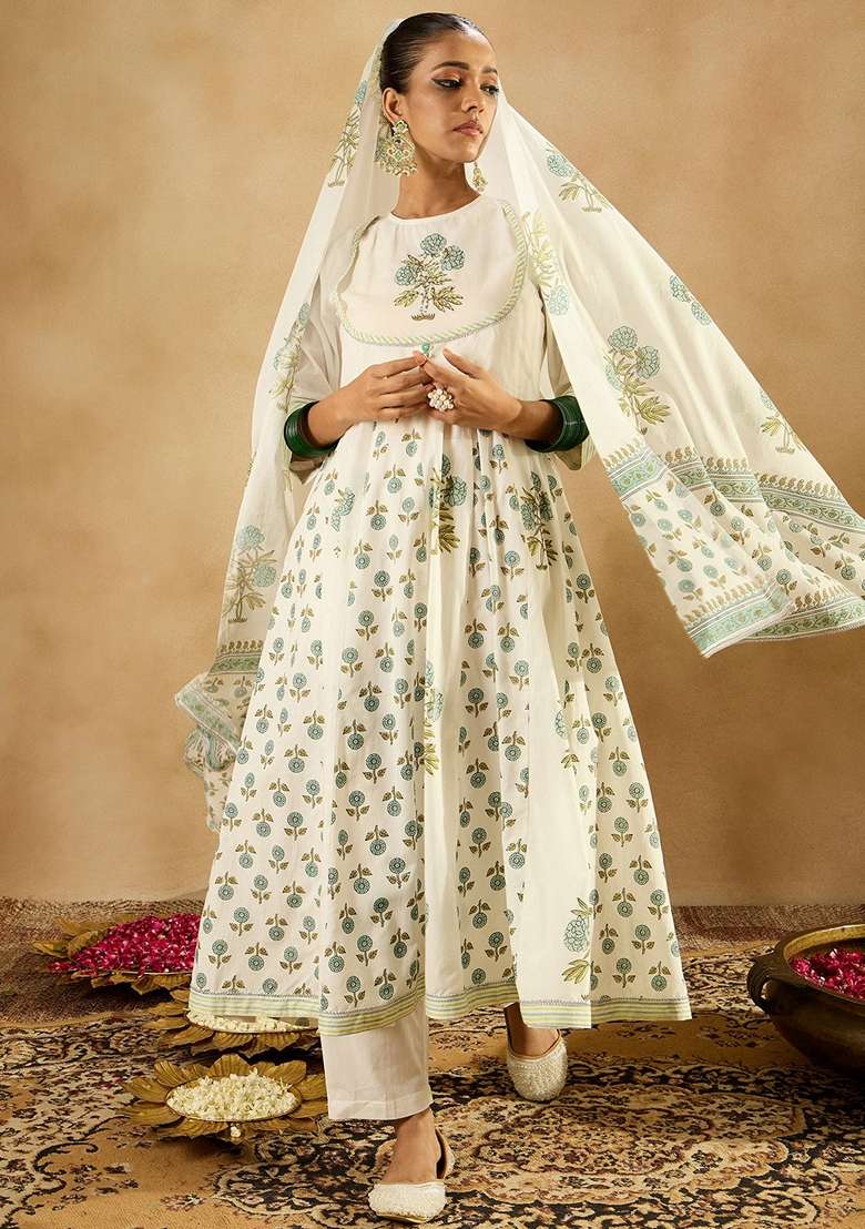 White Printed Cotton Anarkali Set - Indya