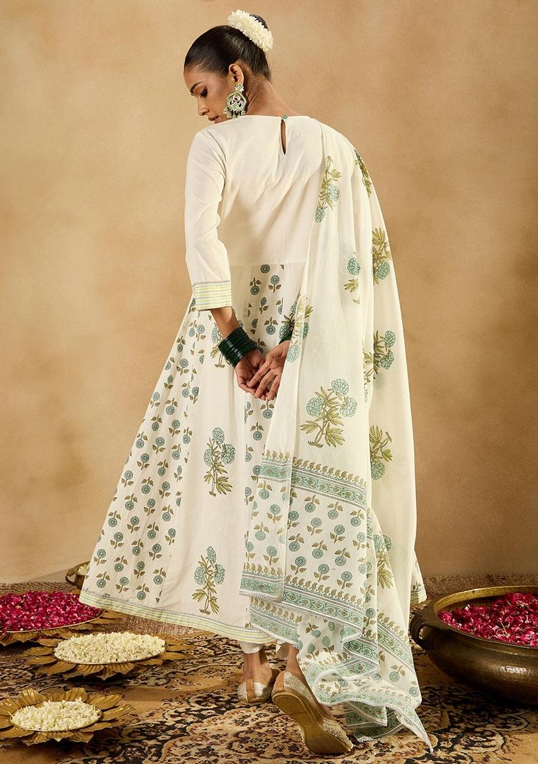 White Printed Pure Cotton Salwar Kameez With Dupatta