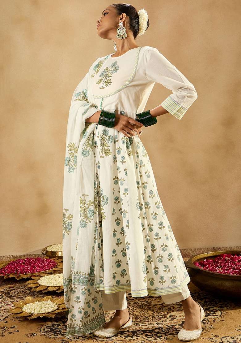 White Printed Cotton Anarkali Set - Indya