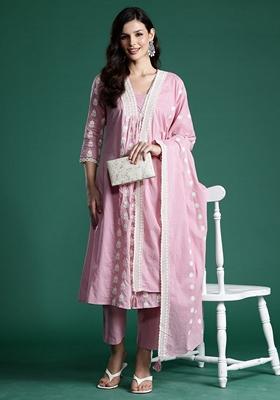 Pink Embroidered Pure Cotton Salwar Kameez With Dupatta