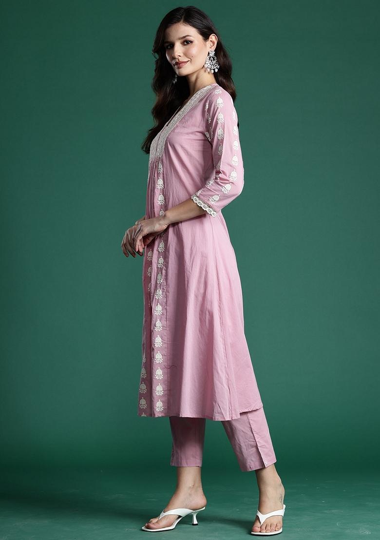 Pink Embroidered Pure Cotton Salwar Kameez With Dupatta
