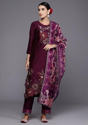Burgundy Embroidered Silk Blend Salwar Kameez With Dupatta