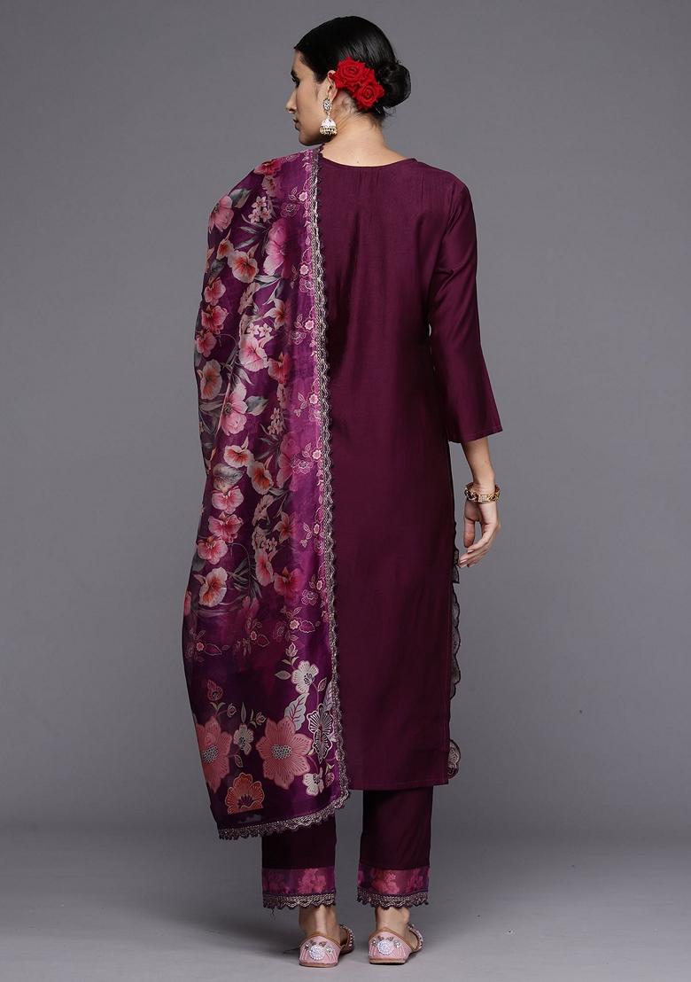 Burgundy Embroidered Silk Blend Salwar Kameez With Dupatta
