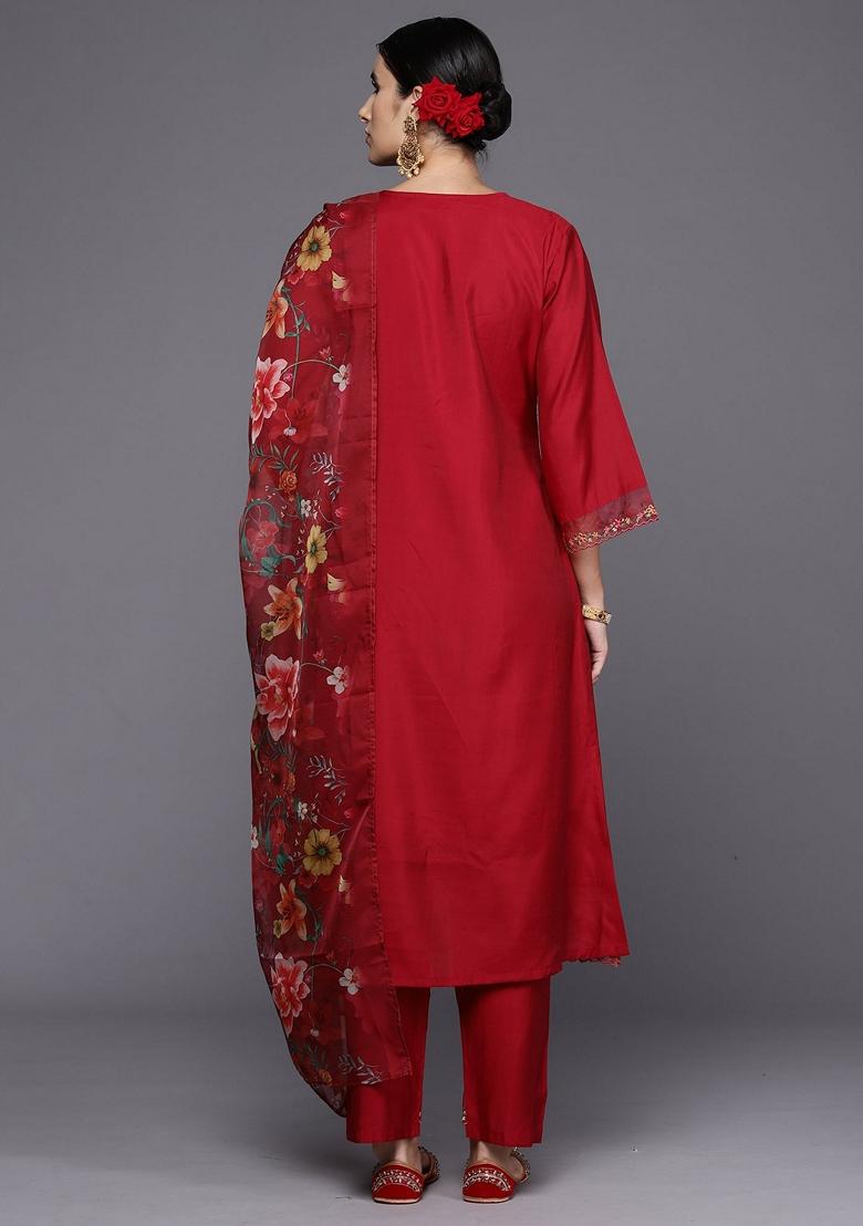 Red Embroidered Silk Blend Salwar Kameez With Dupatta