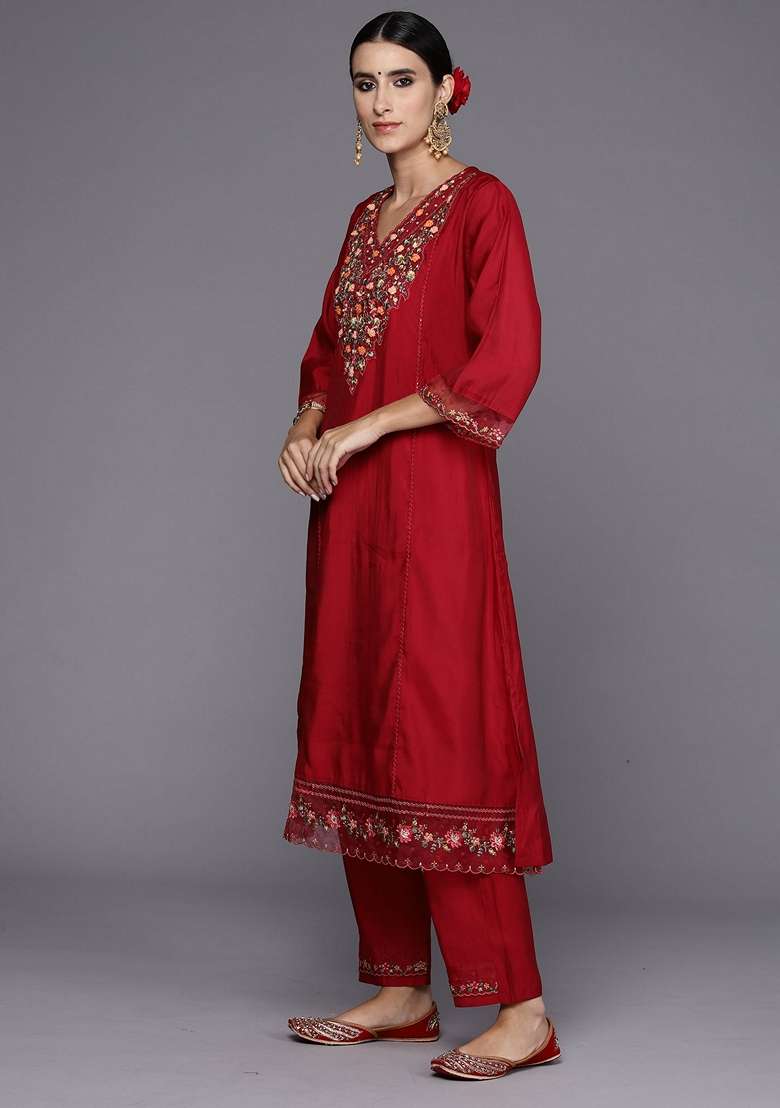 Red Embroidered Blended Straight Kurta Set - Indya