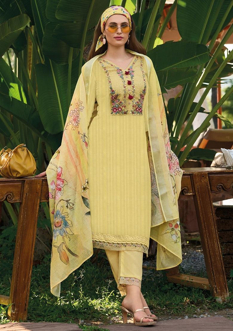 Yellow Embroidered Pure Cotton Salwar Kameez With Dupatta