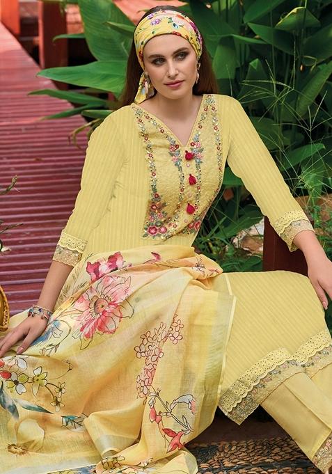 Yellow Embroidered Pure Cotton Salwar Kameez With Dupatta