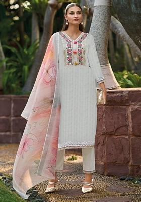 Off White Embroidered Pure Cotton Salwar Kameez With Dupatta