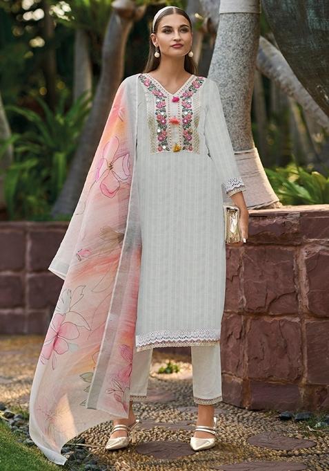 Off White Embroidered Pure Cotton Salwar Kameez With Dupatta