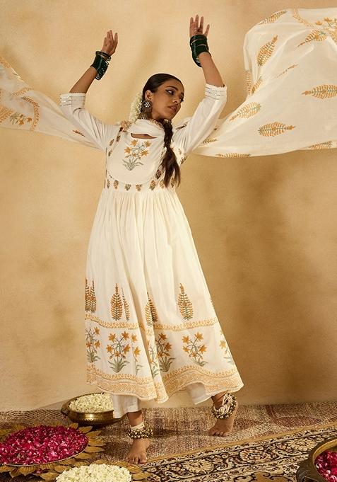 Off White Printed Pure Cotton Salwar Kameez With Dupatta