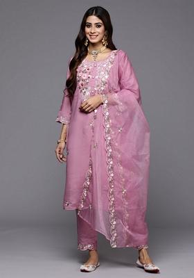 Lavender Embroidered Silk Blend Salwar Kameez With Dupatta