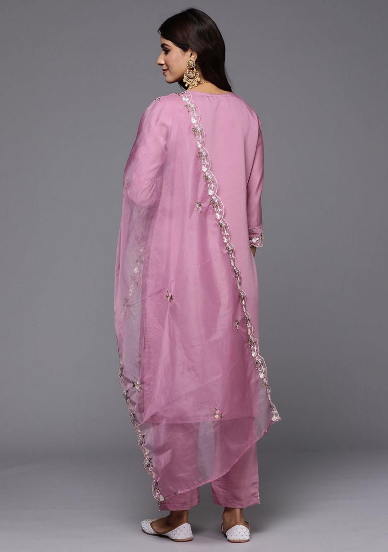 Lavender Embroidered Silk Blend Salwar Kameez With Dupatta