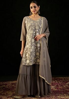Grey Embroidered Georgette Sharara Set With Dupatta