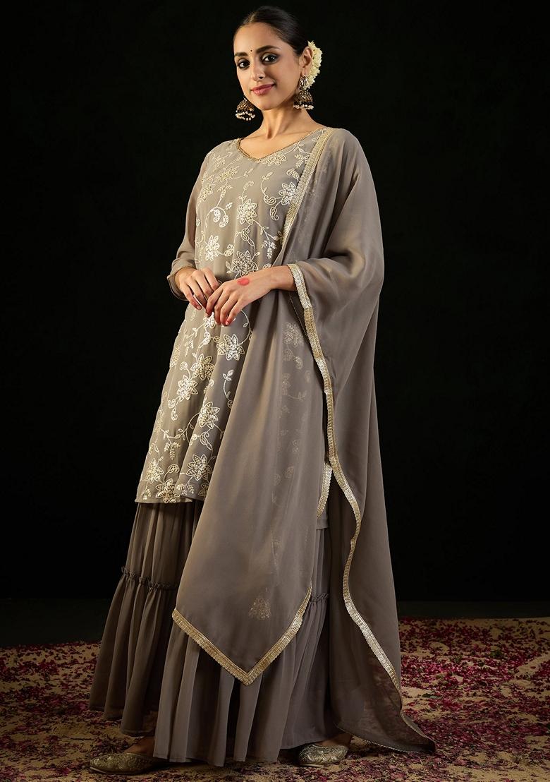 Grey Embroidered Georgette Sharara Set With Dupatta