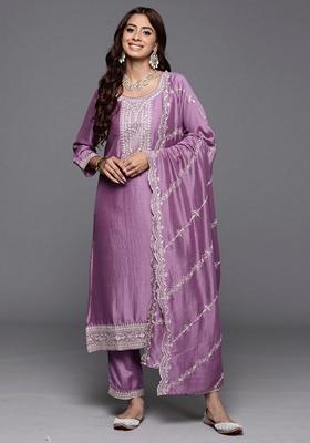 Lavender Embroidered Silk Blend Salwar Kameez With Dupatta