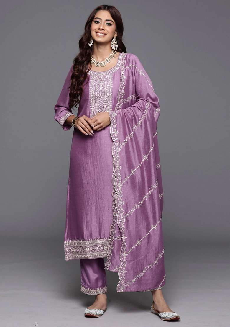 Lavender Embroidered Blended Straight Kurta Set - Indya