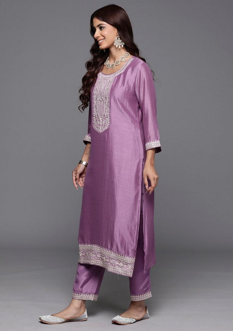 Lavender Embroidered Silk Blend Salwar Kameez With Dupatta