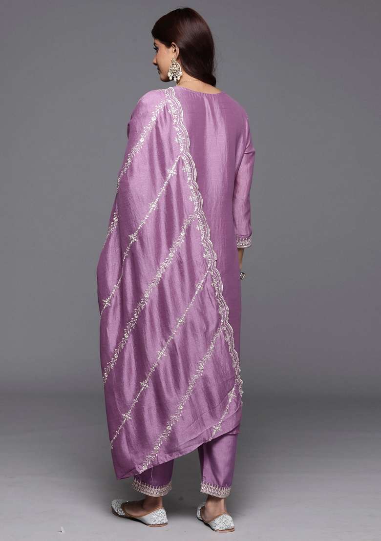 Lavender Embroidered Blended Straight Kurta Set - Indya