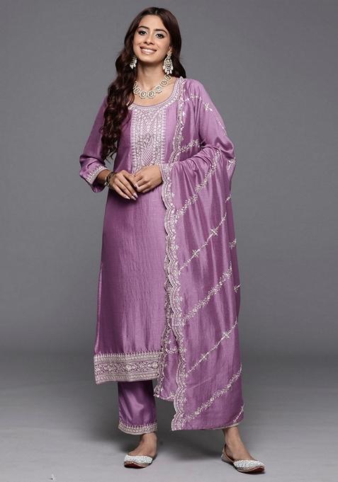 Lavender Embroidered Silk Blend Salwar Kameez With Dupatta