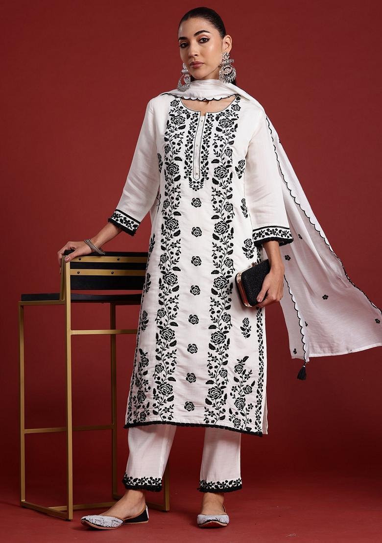 White Embroidered Silk Blend Salwar Kameez With Dupatta