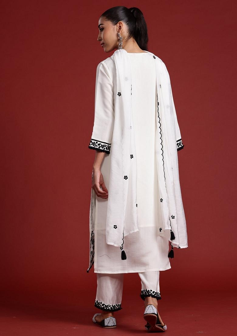 White Embroidered Silk Blend Salwar Kameez With Dupatta