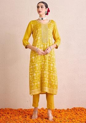 Yellow Embroidered Silk Blend Salwar Kameez With Dupatta