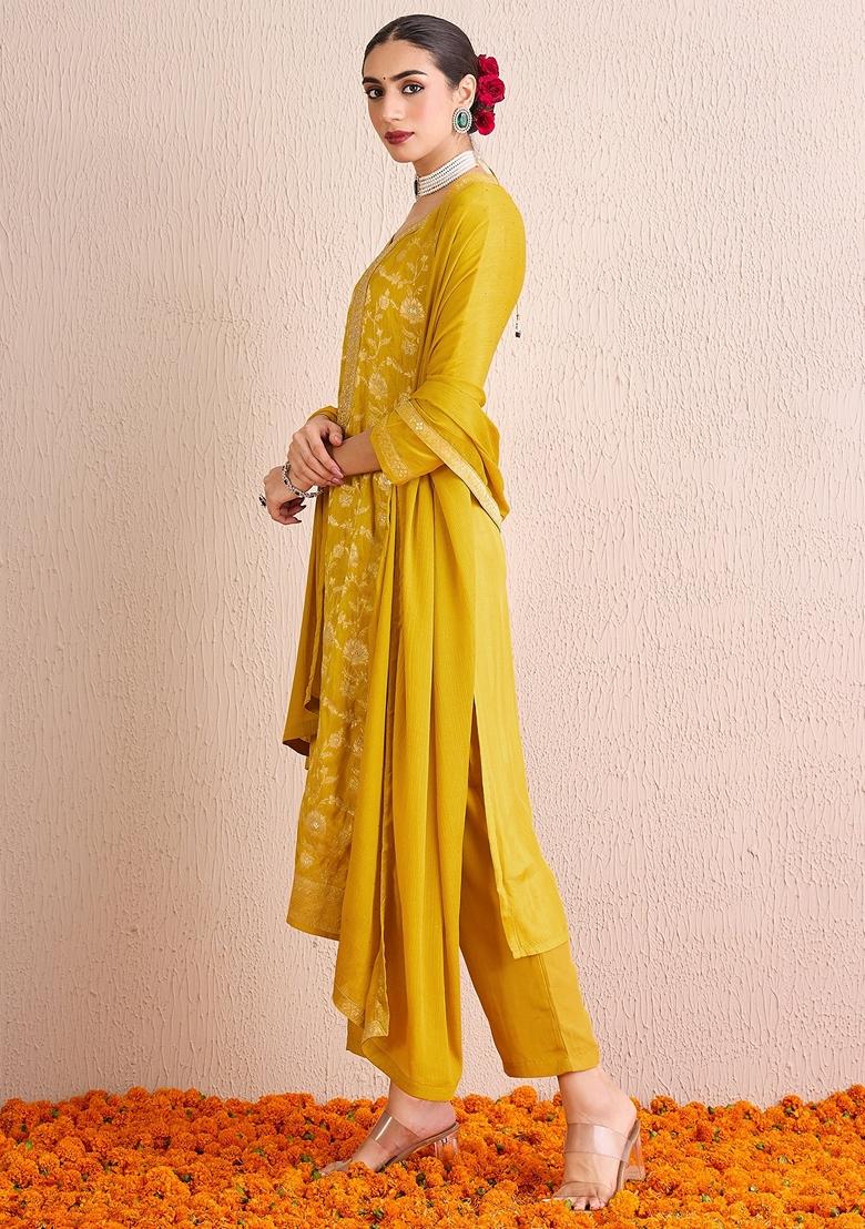 Yellow Embroidered Silk Blend Salwar Kameez With Dupatta