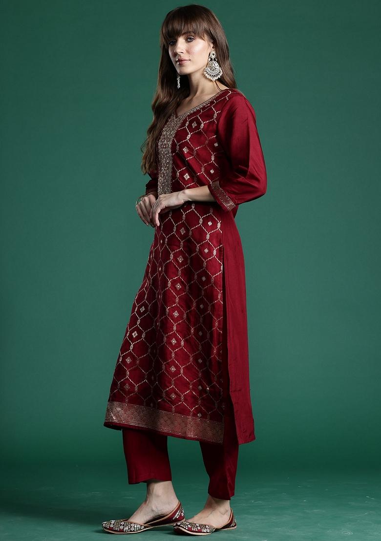 Maroon Embroidered Silk Blend Salwar Kameez With Dupatta