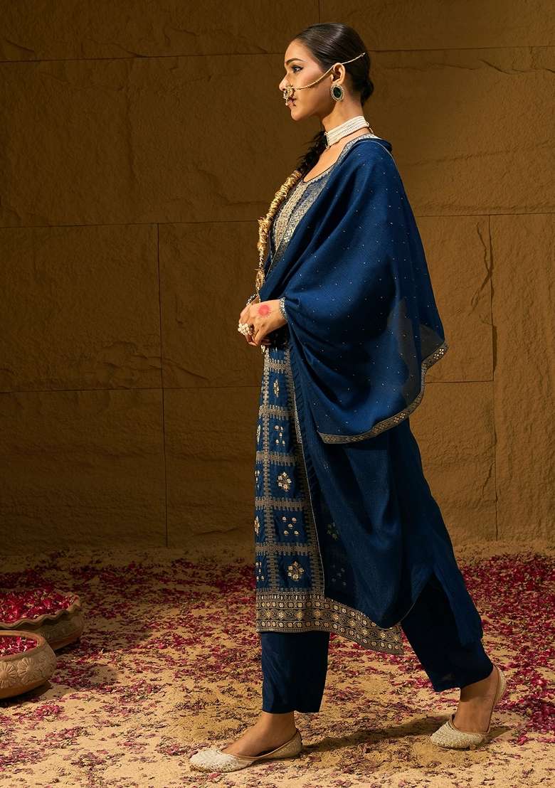 Blue Embroidered Silk Blend Salwar Kameez With Dupatta - Indya