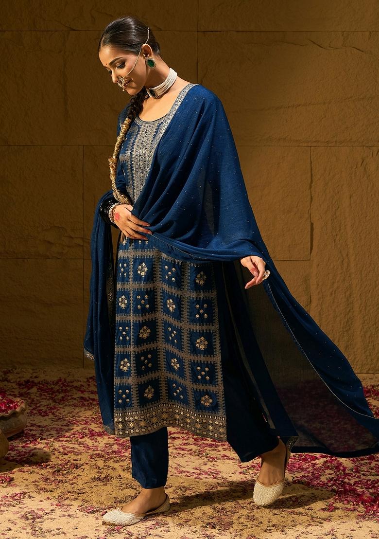 Blue Embroidered Silk Blend Salwar Kameez With Dupatta