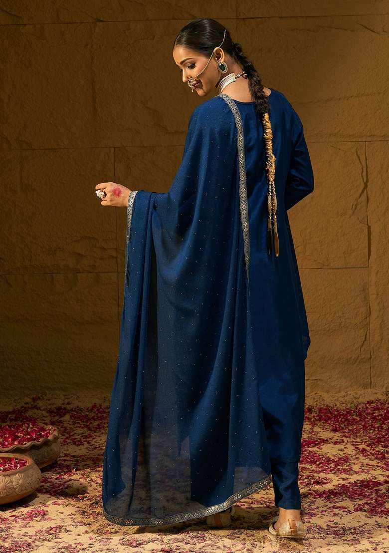 Blue Embroidered Silk Blend Salwar Kameez With Dupatta - Indya