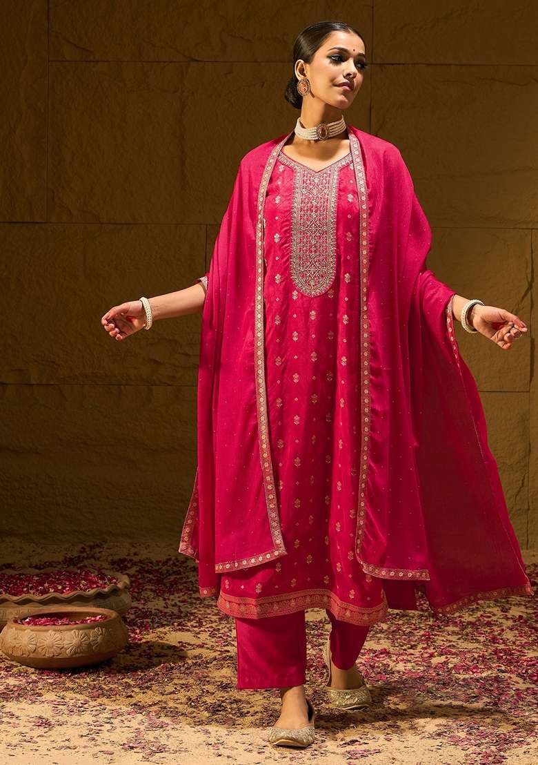 Magenta Embroidered Blended Straight Kurta Set - Indya
