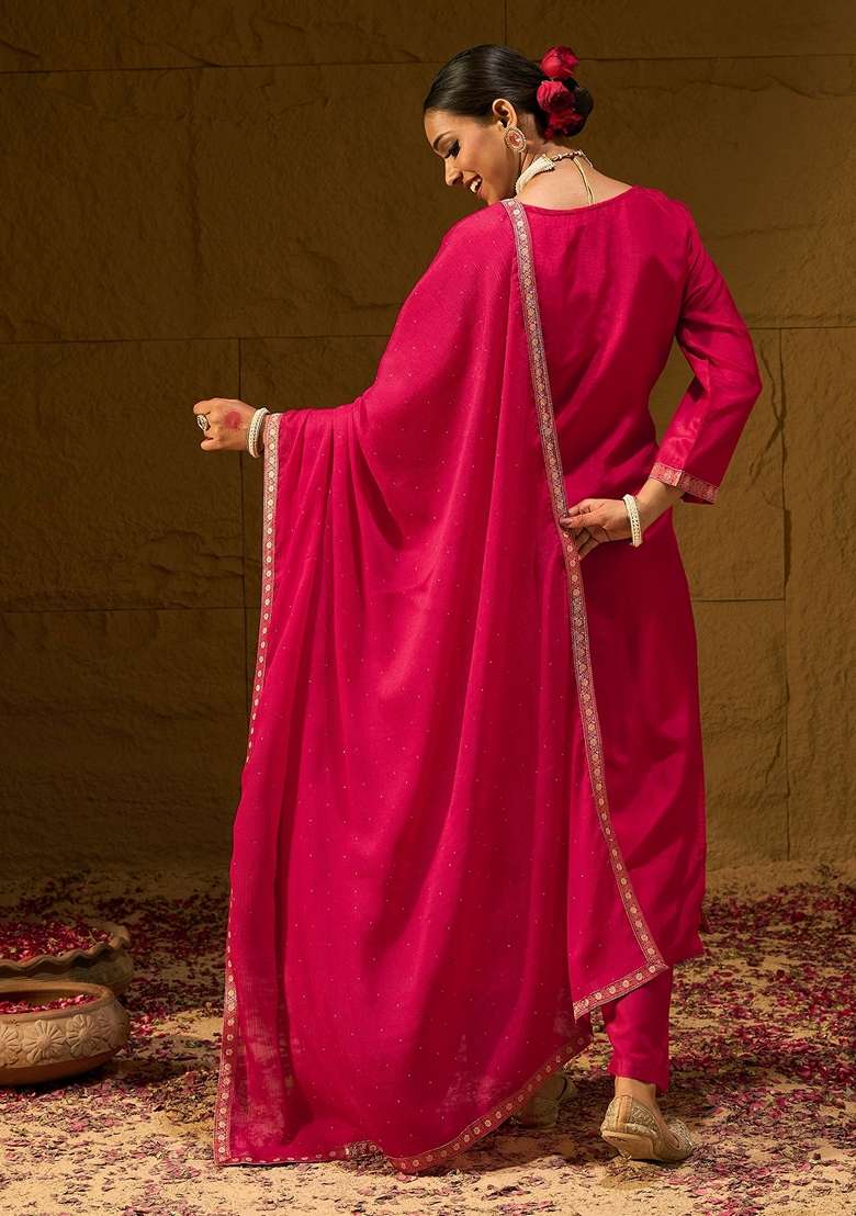 Magenta Embroidered Blended Straight Kurta Set - Indya