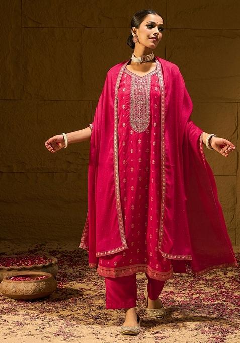Magenta Embroidered Silk Blend Salwar Kameez With Dupatta