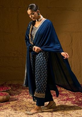 Blue Embroidered Silk Blend Salwar Kameez With Dupatta