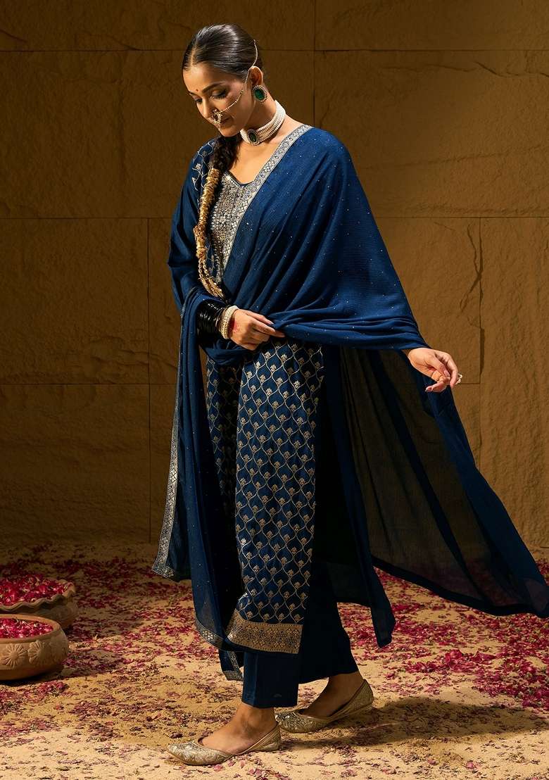 Blue Embroidered Blended Straight Kurta Set - Indya