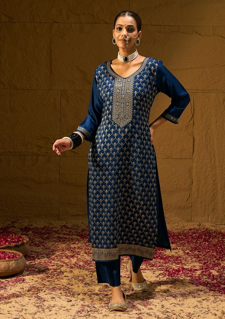 Blue Embroidered Silk Blend Salwar Kameez With Dupatta