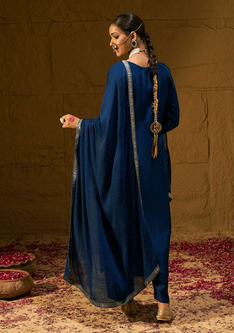 Blue Embroidered Blended Straight Kurta Set - Indya