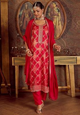 Red Embroidered Silk Blend Salwar Kameez With Dupatta