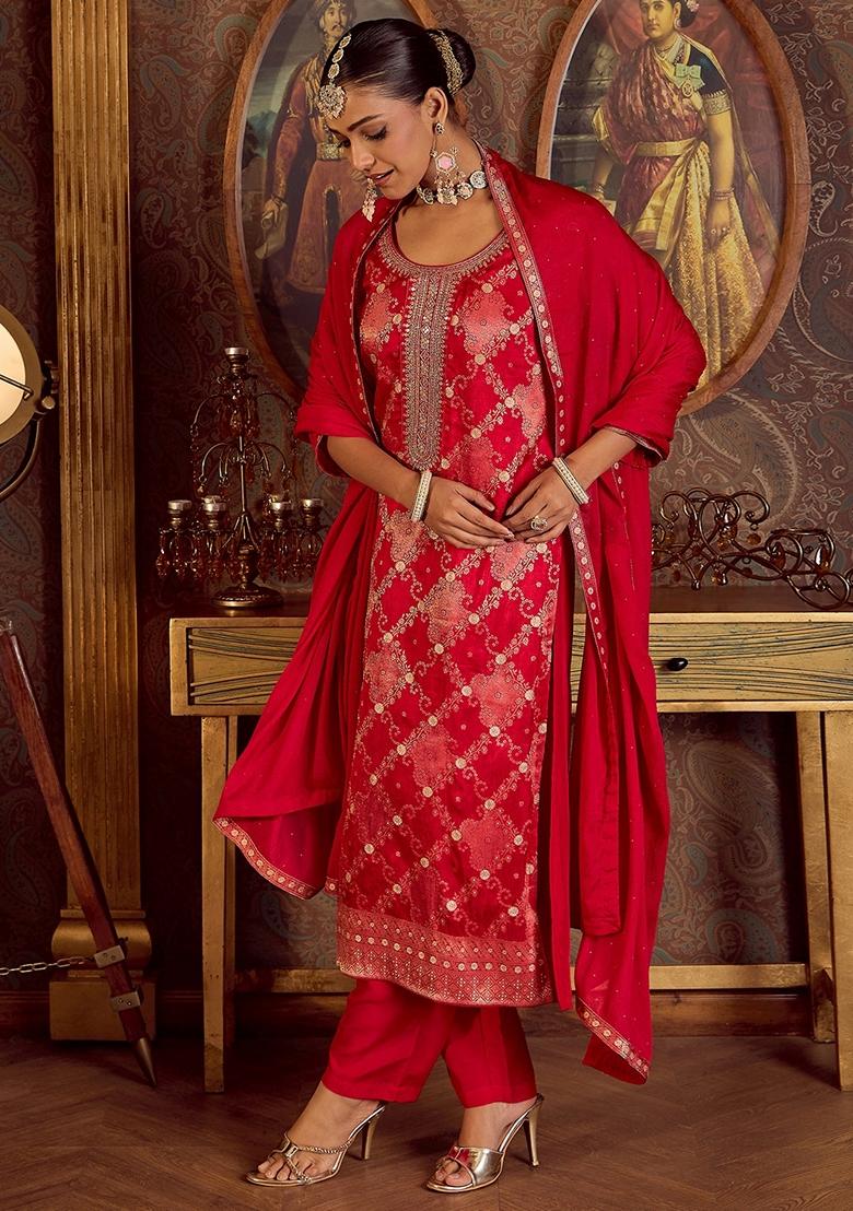 Red Embroidered Silk Blend Salwar Kameez With Dupatta